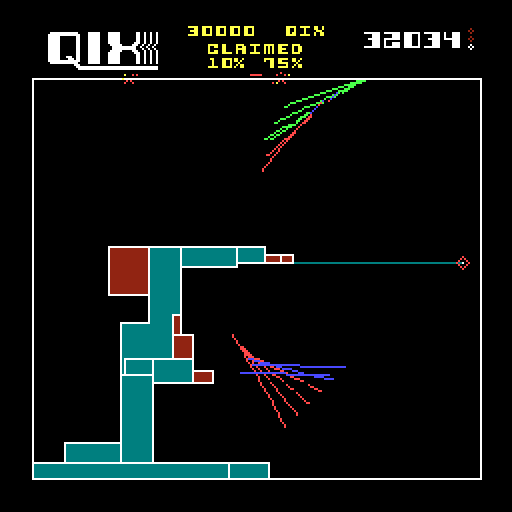 Qix Arcade Screenshot: If you can split the two Qix your points multiply.