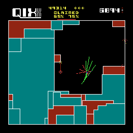 Qix Arcade Screenshot: Don't pause your movement, or the fuse starts chasing you!