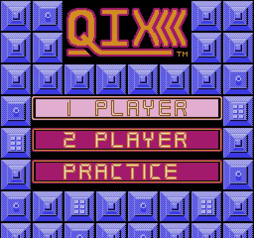 Qix NES / Famicom Screenshot: Select a one or two player game; there's also a practice mode.