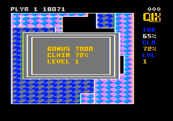 Qix Apple II Screenshot: Level 1 completed!
