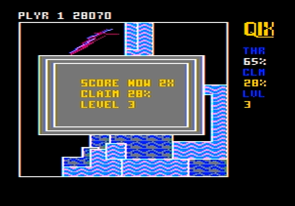 Qix Apple II Screenshot: Score now 2X for split Qix...