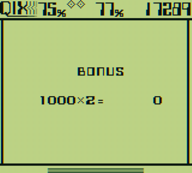Qix Game Boy Screenshot: Level completed! Bonus points are added up...