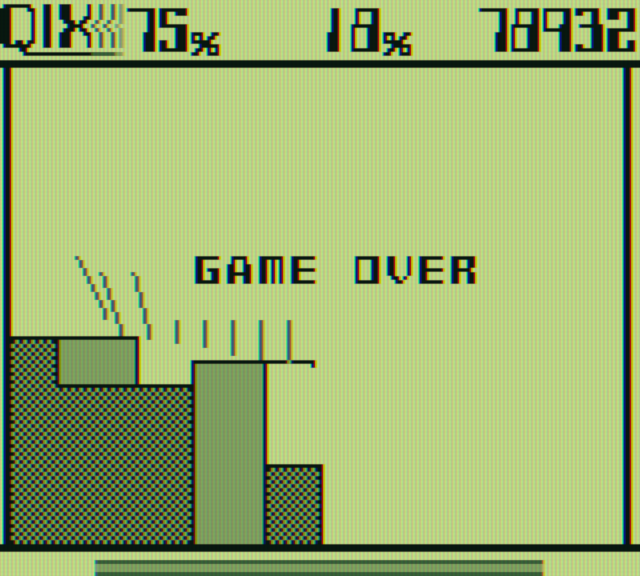 Qix Game Boy Screenshot: Game over.