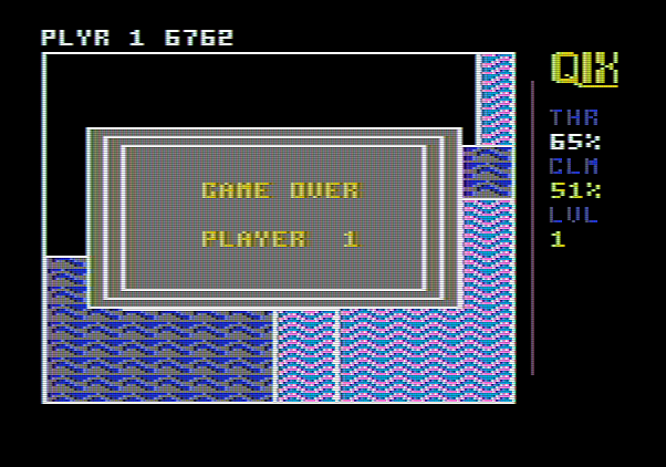 Qix Apple II Screenshot: Game over.