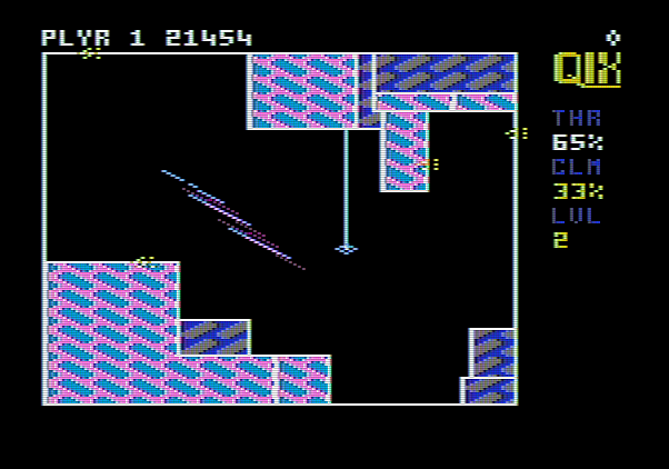Qix Apple II Screenshot: Don't get hit by the Qix when drawing lines!