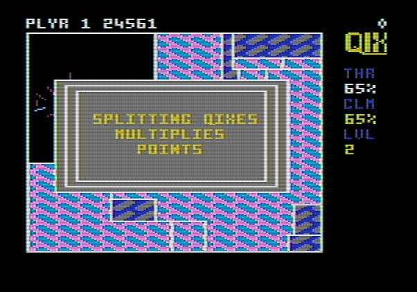 Qix Apple II Screenshot: Split the two Qix to multiply points!