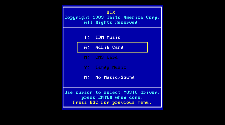 Qix IBM PC/Compatibles Screenshot: Select a sound mode.