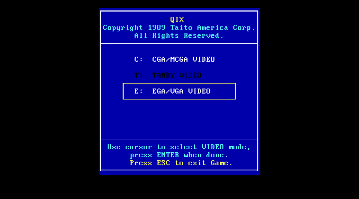 Qix IBM PC/Compatibles Screenshot: Select video mode.