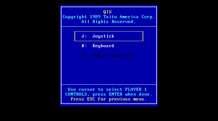 Qix IBM PC/Compatibles Screenshot: Select to play with keyboard or joystick.
