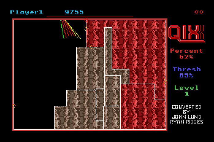 Qix Apple IIgs Screenshot: Avoid the sparx that patrol the borders.