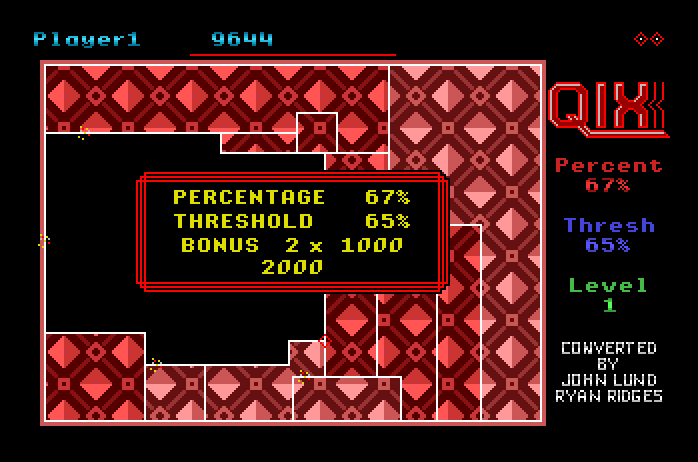 Qix Apple IIgs Screenshot: Level complete! Bonus points are earned for each percentage over the threshold.