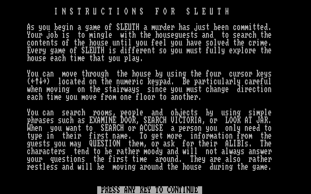 Sleuth IBM PC/Compatibles Screenshot: Part of the game instructions.