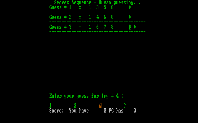 Secret Sequence IBM PC/Compatibles Screenshot: A few guesses...getting closer?