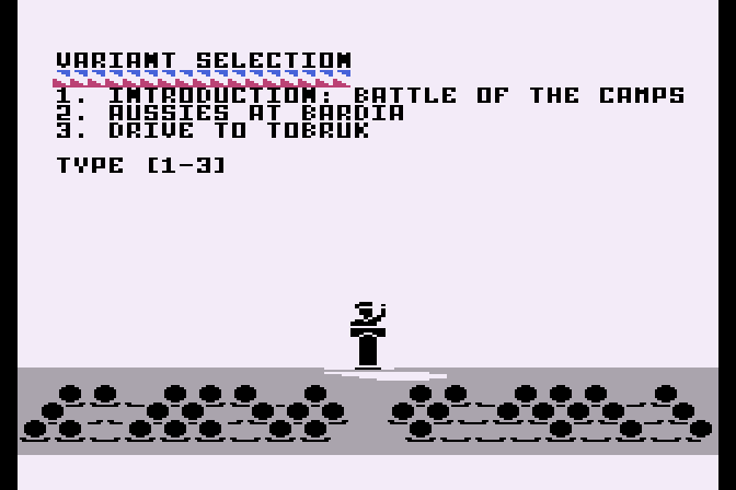 Decision in the Desert Atari 8-bit Screenshot: First, select which scenario and variant you wish to play...