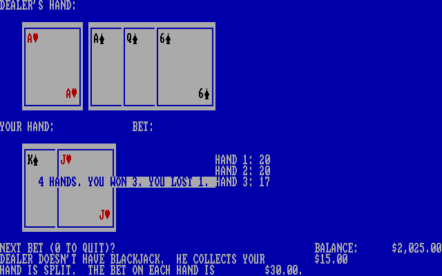 Blackjack IBM PC/Compatibles Screenshot: You win some, you lose some...