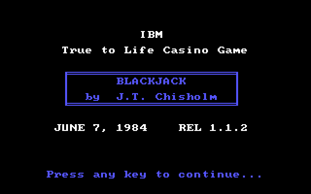 Blackjack IBM PC/Compatibles Screenshot: Title screen.