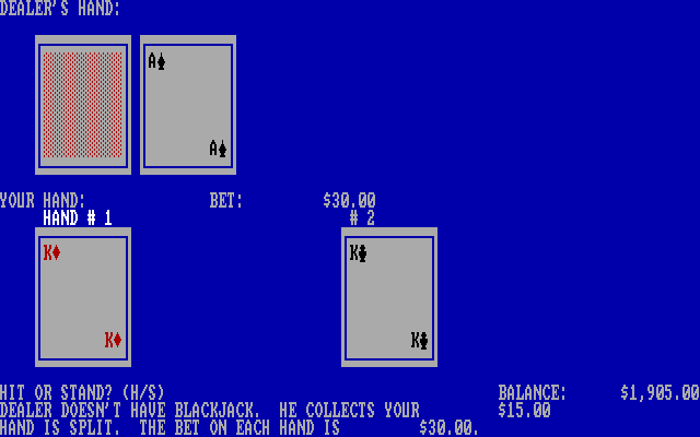 Blackjack IBM PC/Compatibles Screenshot: Hand is split; bet on each hand.