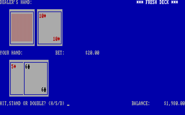 Blackjack IBM PC/Compatibles Screenshot: Hit, stand, or double down?