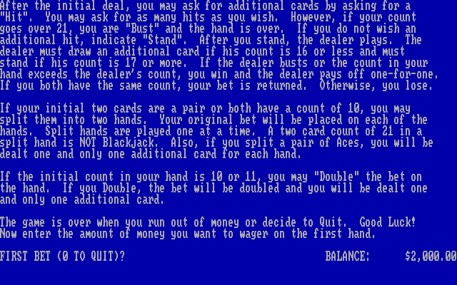 Blackjack IBM PC/Compatibles Screenshot: Some more game instructions...
