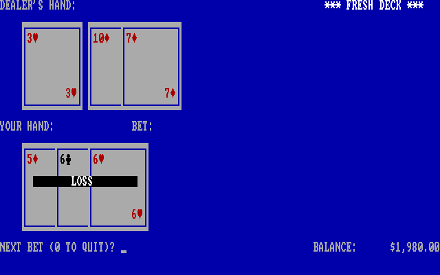 Blackjack IBM PC/Compatibles Screenshot: I lost this hand...