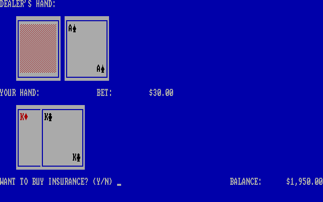 Blackjack IBM PC/Compatibles Screenshot: Want to buy insurance?