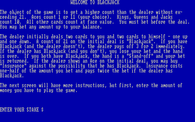 Blackjack IBM PC/Compatibles Screenshot: Welcome to Blackjack!
