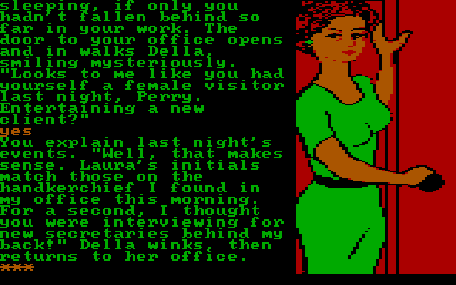 Perry Mason: The Case of the Mandarin Murder IBM PC/Compatibles Screenshot: Meet Della, Mr. Mason's secretary