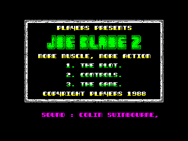 Joe Blade II ZX Spectrum Screenshot: Title screen and main menu.