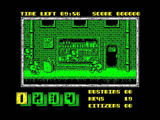 Joe Blade II ZX Spectrum Screenshot: Encountering various opponents outside this shop...