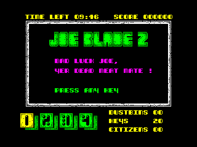 Joe Blade II ZX Spectrum Screenshot: Game over.