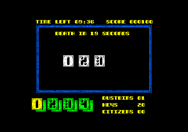 Joe Blade II Amstrad CPC Screenshot: I need to solve this problem in 19 seconds, or death!