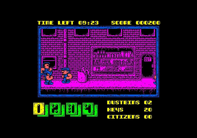 Joe Blade II Amstrad CPC Screenshot: Don't get beat up outside this shop!