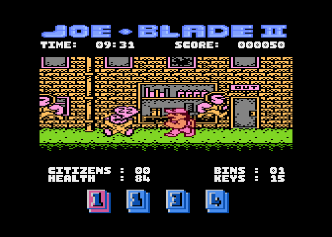 Joe Blade II Atari 8-bit Screenshot: Lots of shady characters here!