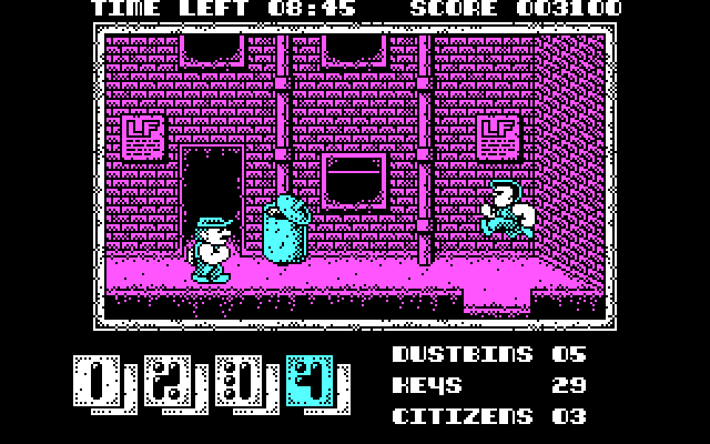 Joe Blade II IBM PC/Compatibles Screenshot: Collect the bouncing bin to work towards a bonus...