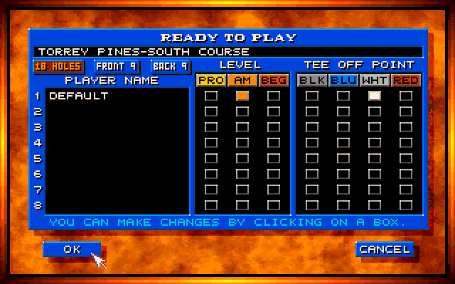Links: The Challenge of Golf Amiga Screenshot: Ready to play? These are the game options you've selected...