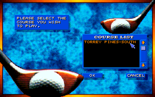Links: The Challenge of Golf Amiga Screenshot: Selecting a course for a new game.