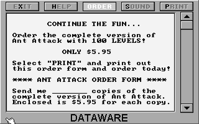 Ant Attack IBM PC/Compatibles Screenshot: Ordering screen found in the shareware version.