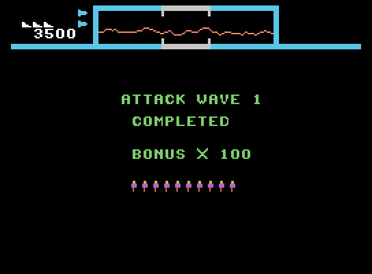 Defender ColecoVision Screenshot: Attack wave 1 completed...
