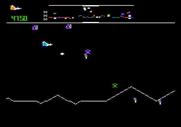 Defender Apple II Screenshot: Can you save the humans that have been captured?