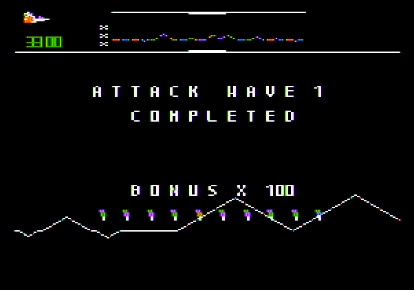 Defender Apple II Screenshot: Attack wave 1 complete...
