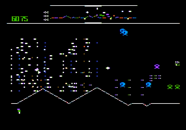 Defender Apple II Screenshot: Ouch, I've been hit!