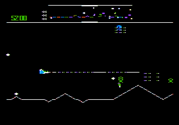 Defender Apple II Screenshot: Firing at enemies...