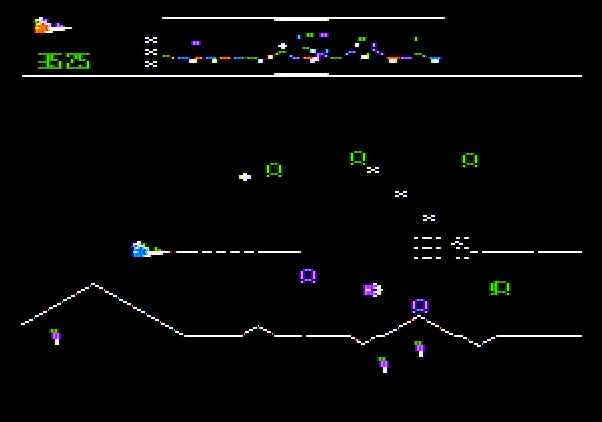 Defender Apple II Screenshot: One enemy lander destroyed, several more to go...