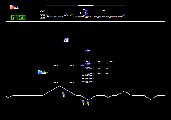 Defender Apple II Screenshot: Enemy destroyed!