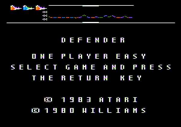Defender Apple II Screenshot: Title screen and game options.