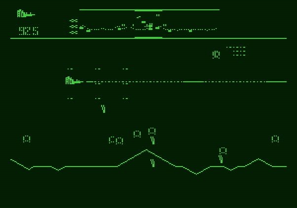 Defender Apple II Screenshot: Can you save the humans being captured?
