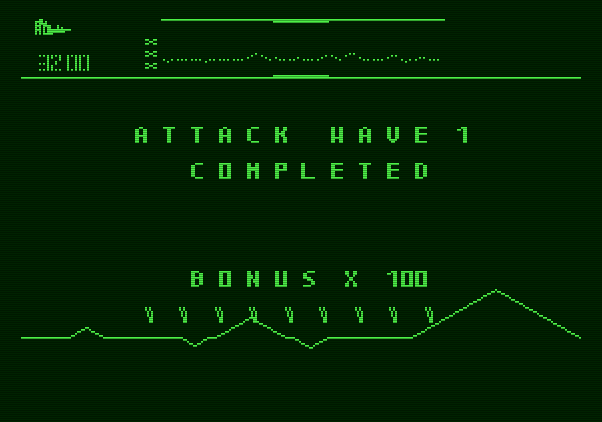 Defender Apple II Screenshot: Attack wave 1 completed...