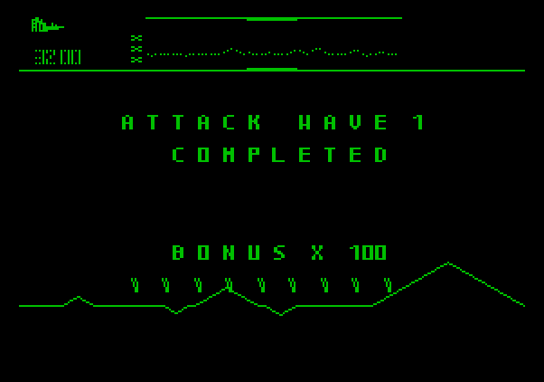 Defender Apple II Screenshot: Attack wave 1 completed...