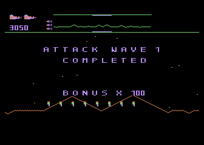 Defender Atari 5200 Screenshot: Attack wave 1 complete.