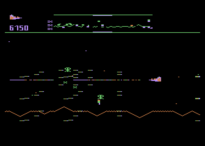 Defender Atari 5200 Screenshot: Rescue the humans before they're carried to the top of the screen.